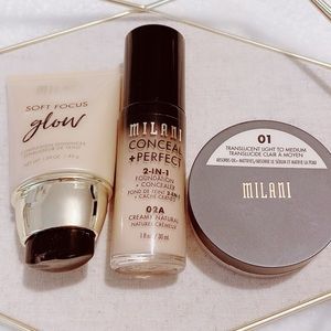 Milani Makeup Bundle - Foundation Glow Cream Highlighter Translucent Powder